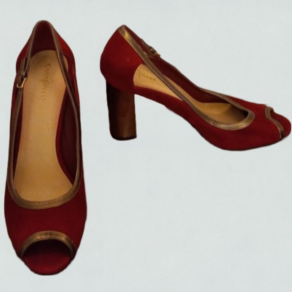 Size 9.5 B Cole Haan Red Suede Peep Toe Heels Gold Metallic Chunky Heels No Box